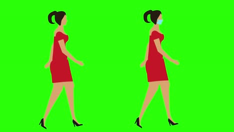 women walking cycle seamless loop , face mask version, green screen chroma key animation, flat design