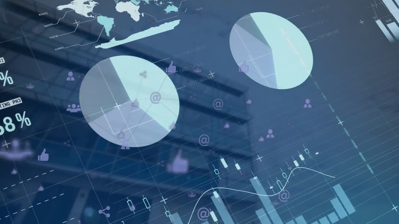 animación de la interfaz infográfica sobre vista de ángulo bajo de un edificio moderno contra el cielo