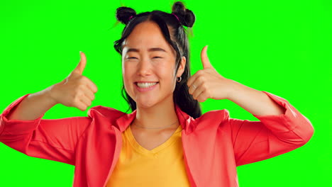 Happy-woman,-face-and-thumbs-up-on-green-screen