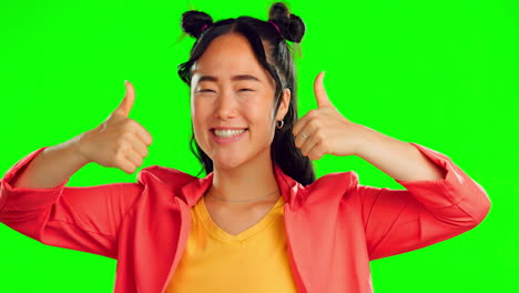 행복한 여성, 초록색 화면에 얼굴과 엄지 손가락