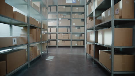 warehouse interior with cardboard boxes on metal shelves