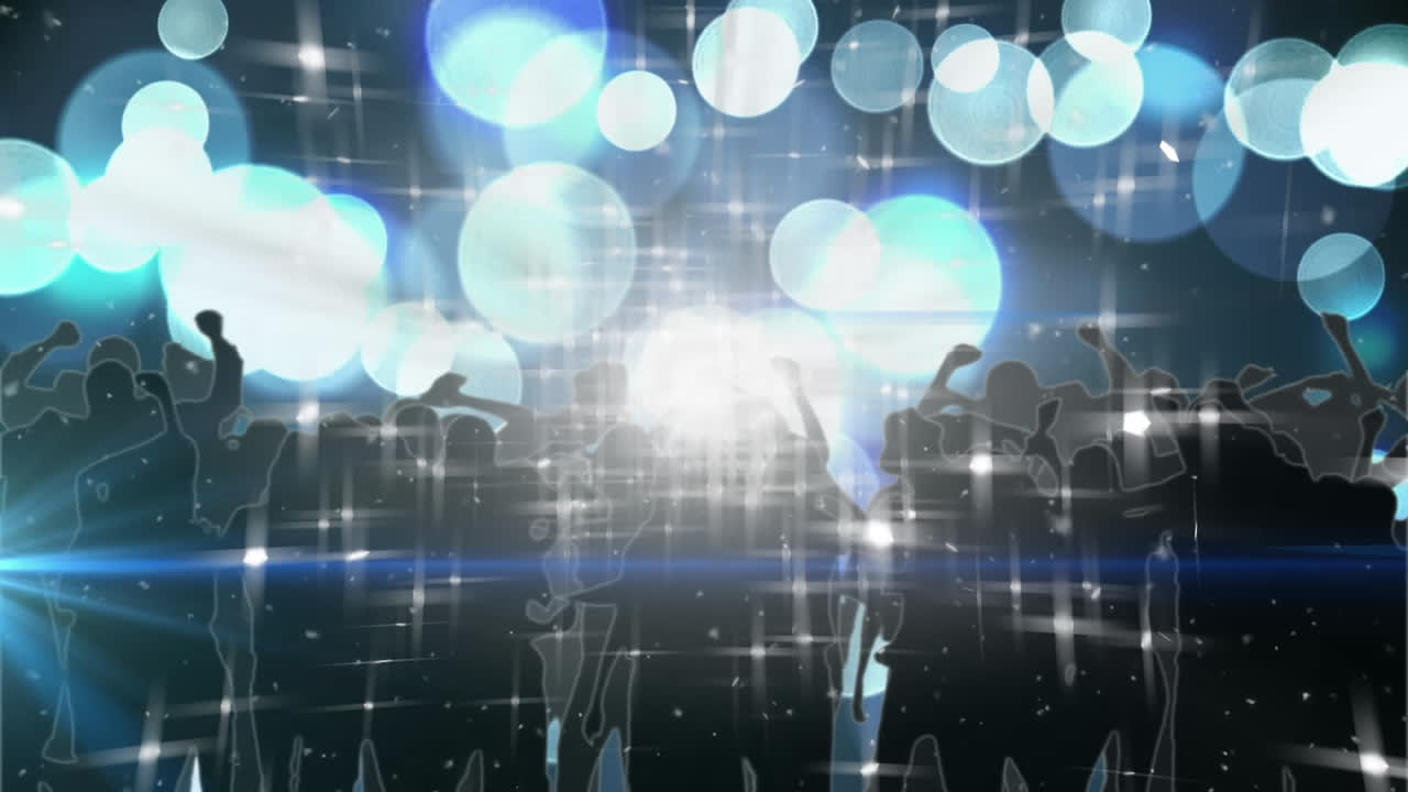 파란색과 색의 보케 빛 반점과 흑색의 춤추는 군중 위에 박이는 빛의 애니메이션