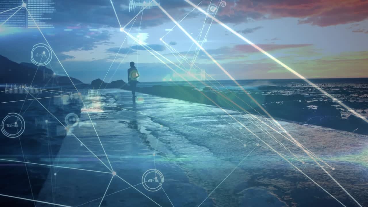 Donna che cammina lungo un molo bagnato verso l'orizzonte, con il tramonto che la rappresenta come linee di una rete tecnologica che si intersecano.