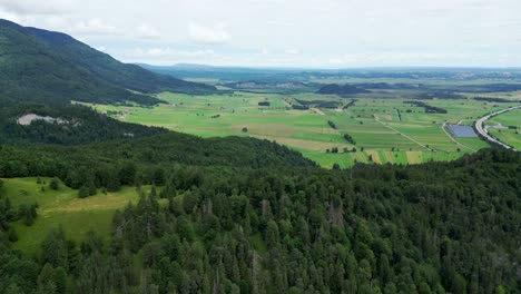 aerial of green fields in a bavarian town, garmisch-partenkirchen bavarian village in the alps mountains, germany