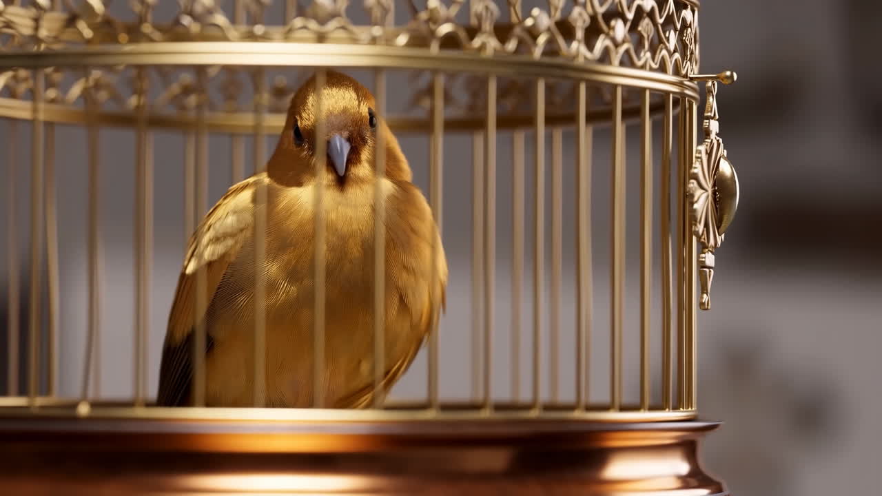 Canarino dorato in gabbia d'oro ornata, ritratto ravvicinato in studio che mostra l'uccello giallo posato su un trespolo dorato, metallo