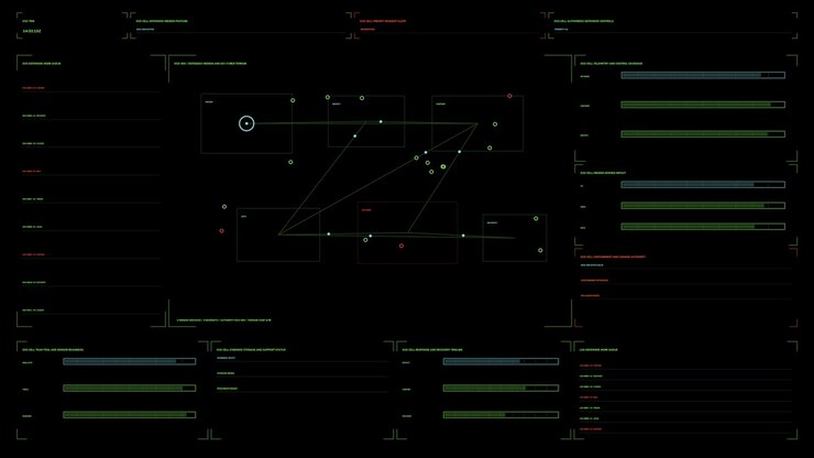Cybersecurity command interface for intelligence explainer with network nodes, status panels and alert bars in green, cyan and red on black animation loops seamlessly
