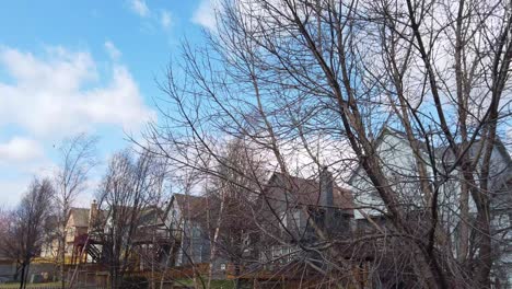 Very-windy-pan-over-trees,-houses-and-blue-sky