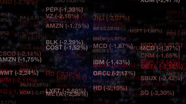 Stock symbols with red losses overlaying a digital sphere