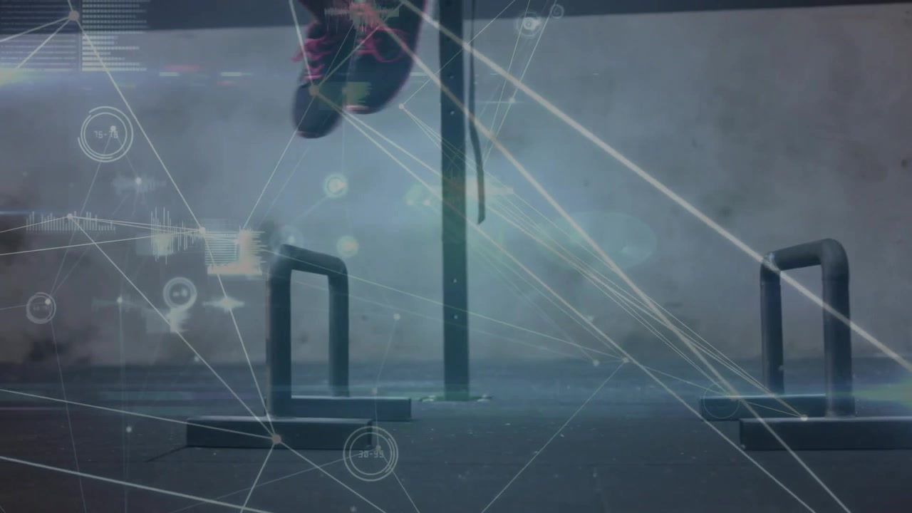 Female athlete starting fitness drill at hurdles, repeating plyo jumps while HUD tracking power