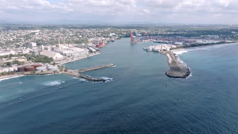 Drone-dolly-toward-Haina-Port-near-Santo-Domingo,-Dominican-Republic