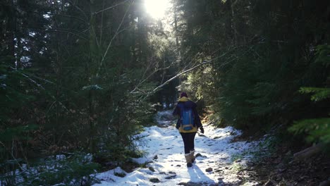 a young woman encourages us to follow her along a snow covered trail in the vosges mountains