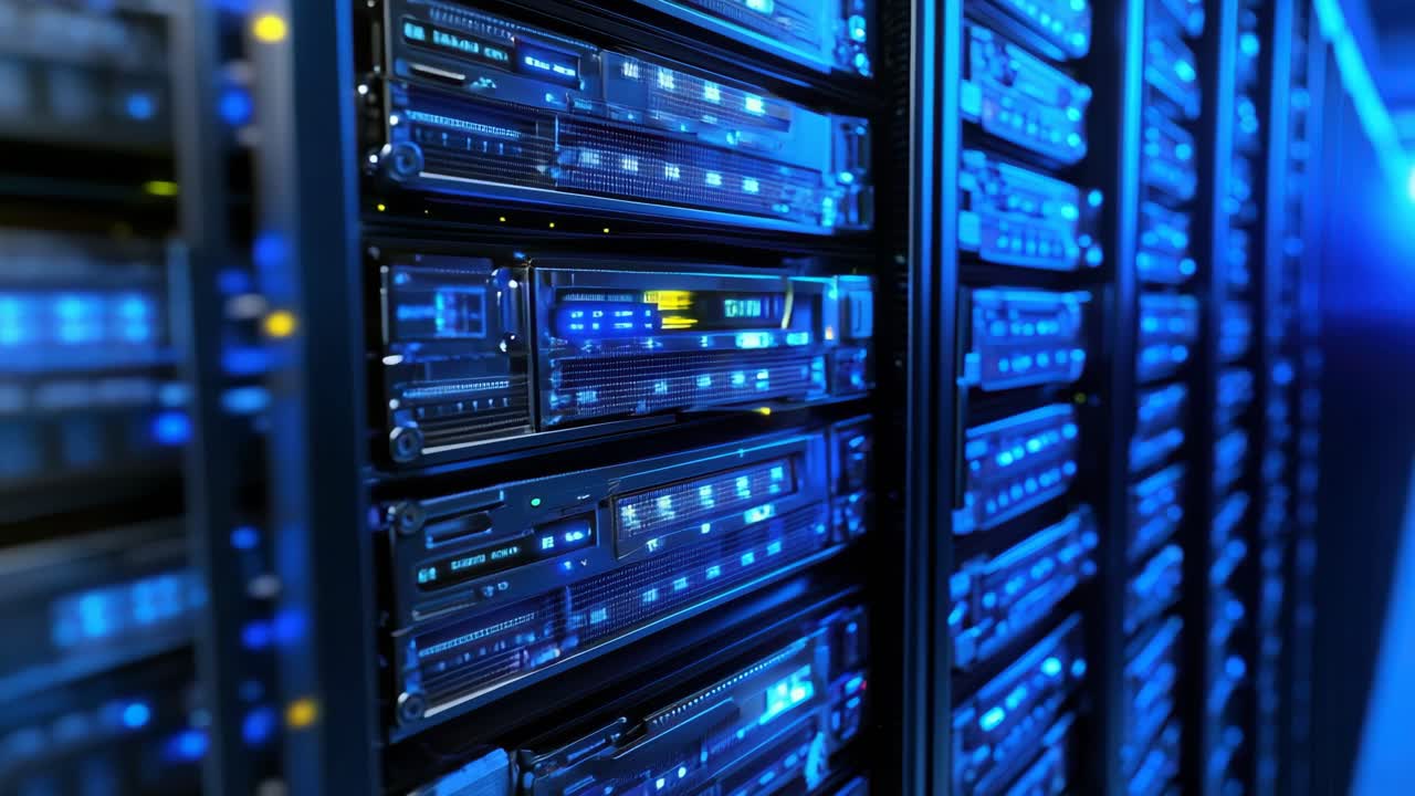 Dynamic video of a data center with a low-angle view, showcasing rows of illuminated servers