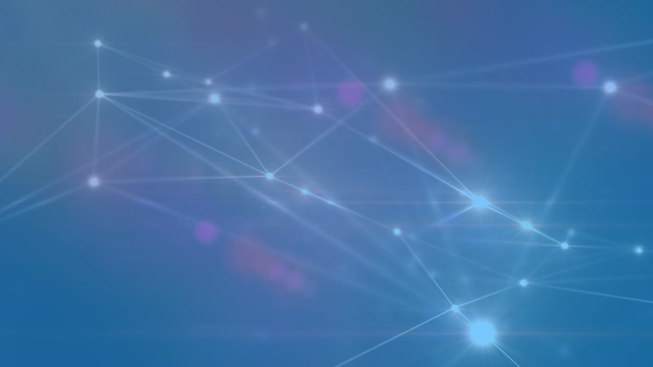 Animation of glowing network of connections exchanging data moving over blue background