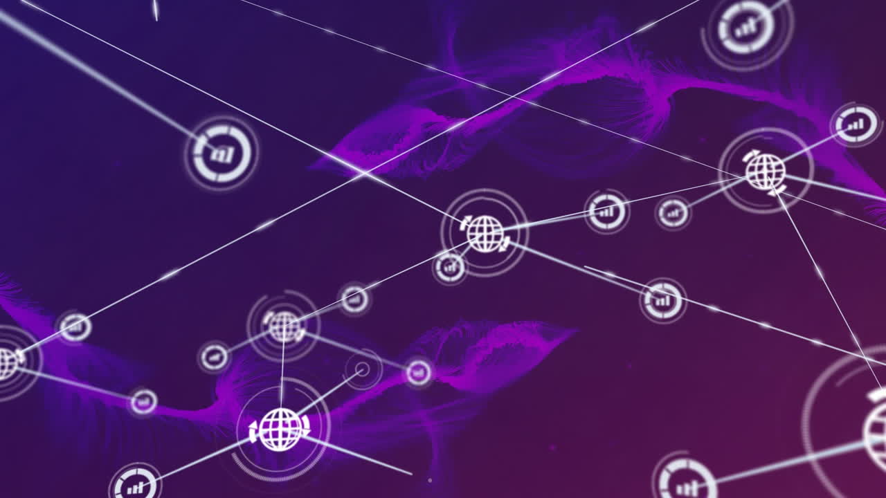 animación de una red de iconos digitales sobre ondas digitales púrpuras contra un fondo de gradiente