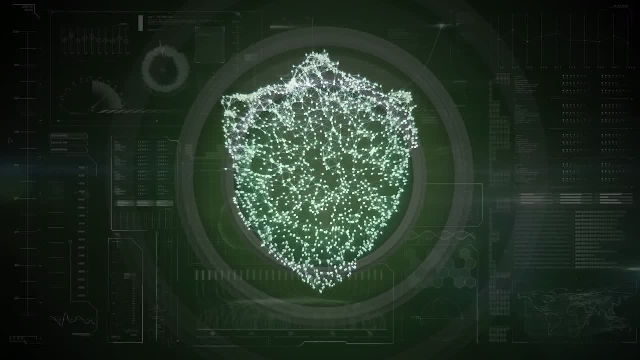 검은 바탕의 다양한 데이터에 대한 디지털 방패의 애니메이션