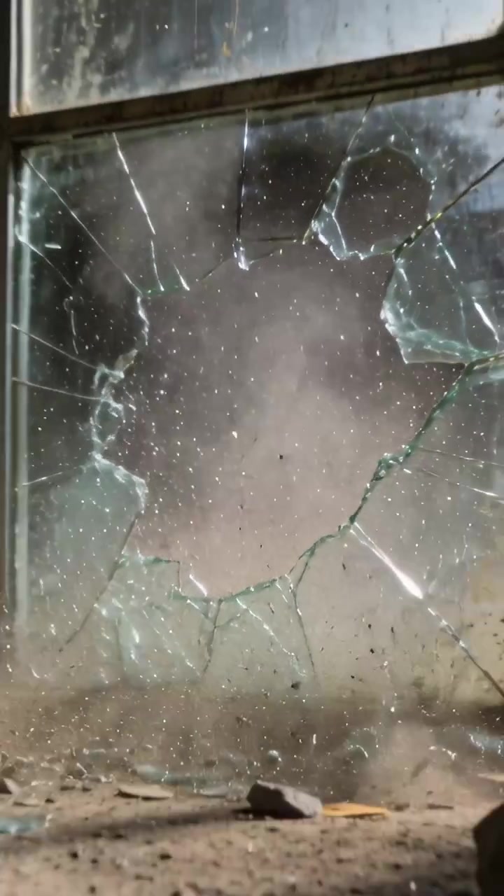 Video verticale: Una roccia colpisce il pannello centrale inferiore, sollevando una nuvola di polvere in una stanza vuota piena di macerie.