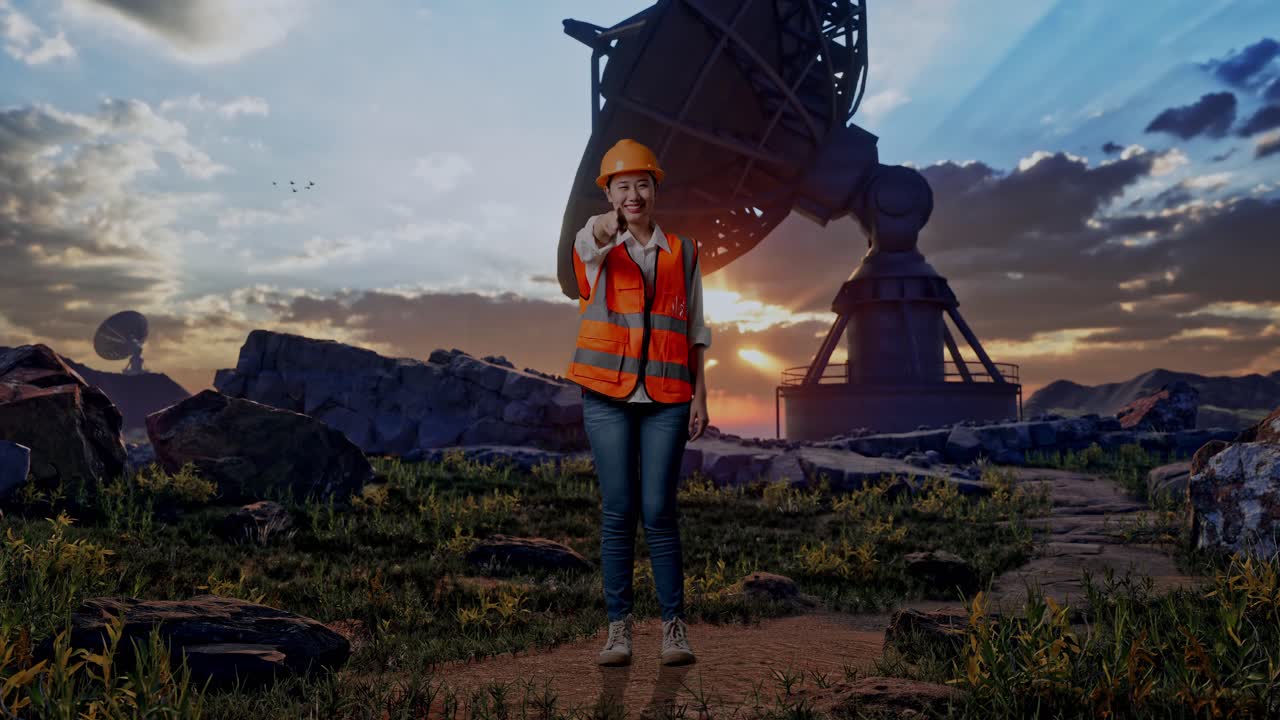 Full Body Of Asian Female Engineer With Safety Helmet Smiling And Touching Her Chest Then Pointing At You While Standing With Large Satellite Dish