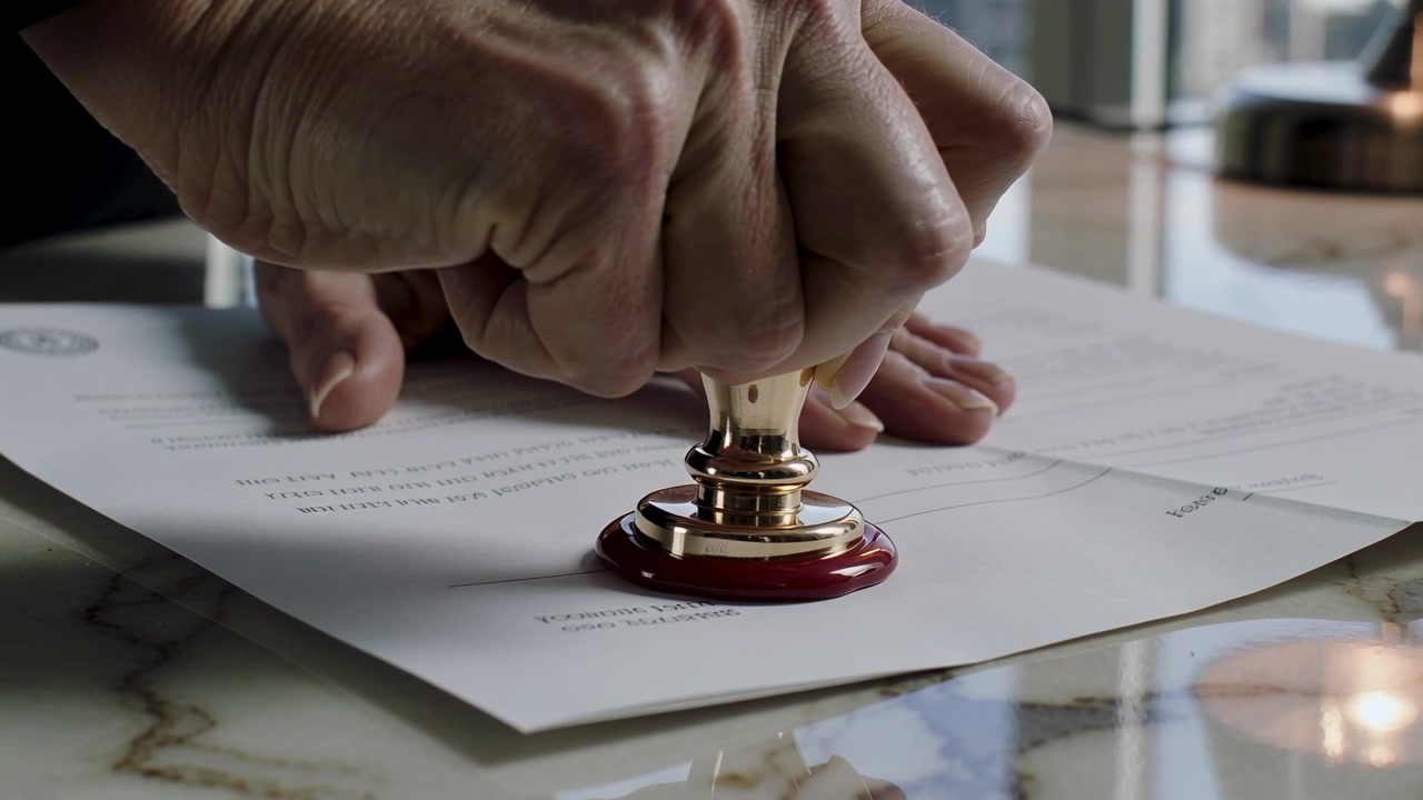 Abbassando le mani con maniche scure sulla scrivania, premendo un timbro color oro su una pozza di cera per sigillare il documento