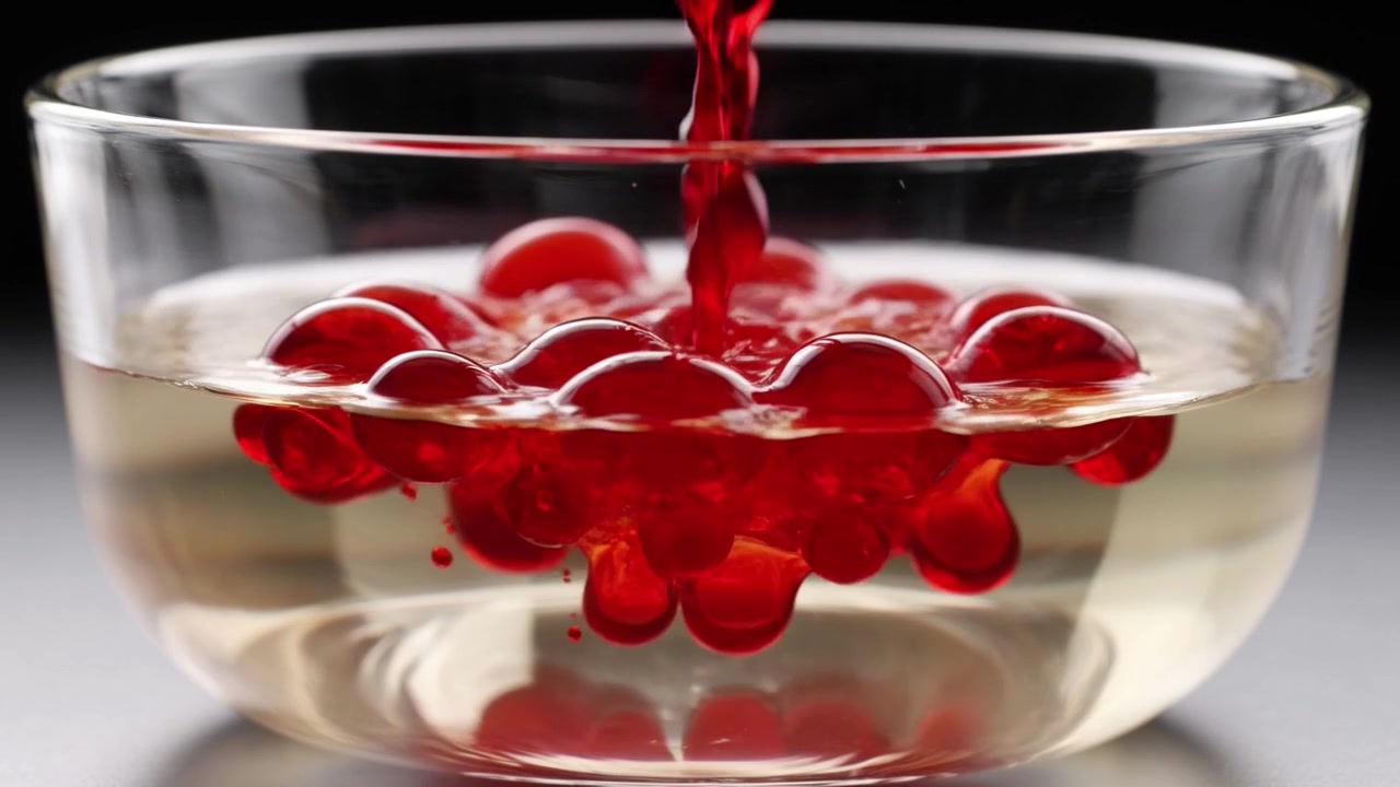 Goccioline di liquido rosso che formano sfere in olio trasparente