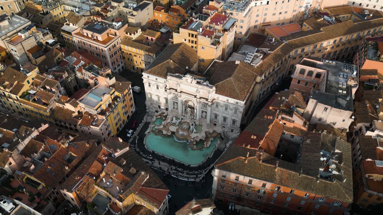Fixed Aerial View of Tourists Visiting Rome's Famous Trevi Fountain in Italy