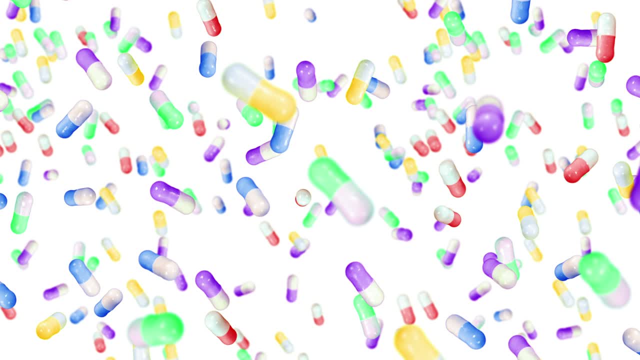 Muitas cápsulas médicas voando em fundo branco. Conceito de medicina e farmacêutica. Animação 3D de cápsula de pílula colorida girando. Animação em loop