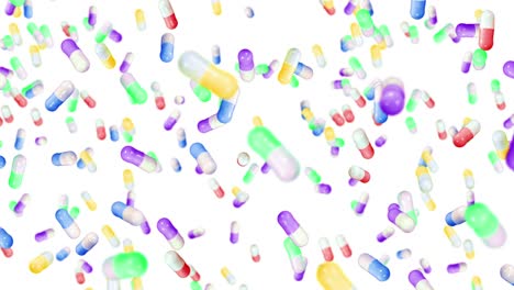 volando muchas cápsulas médicas en fondo blanco. concepto de medicina y farmacia. animación 3d de coloridas cápsulas de pastillas girando. animación de bucle.