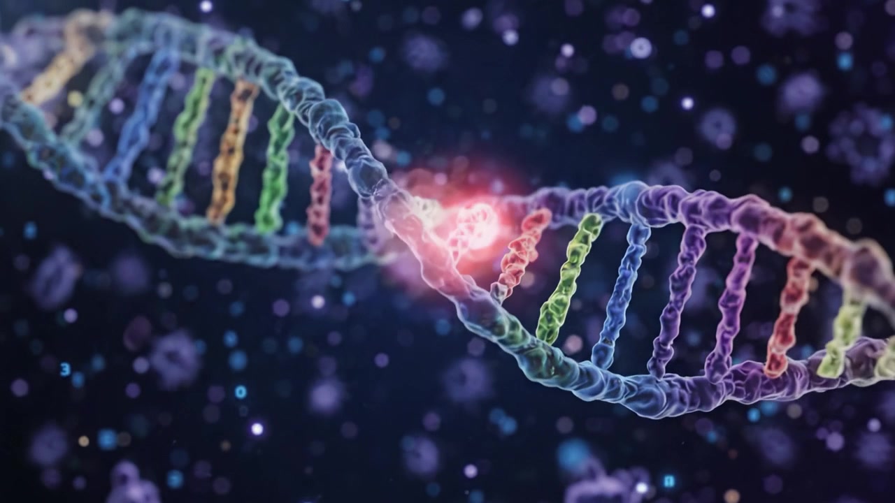 Una Straordinaria Visualizzazione della Struttura a Elica del DNA, Mettendo in Mostra la Complessità e la Bellezza del Materiale Genetico Intrecciato in uno Sfondo Colorato e Misterioso