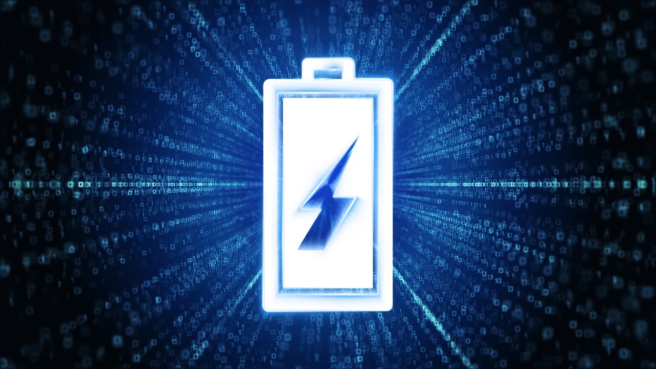 Battery icon digital cyber space loop technology tunnel animation battery glowing on the floor with