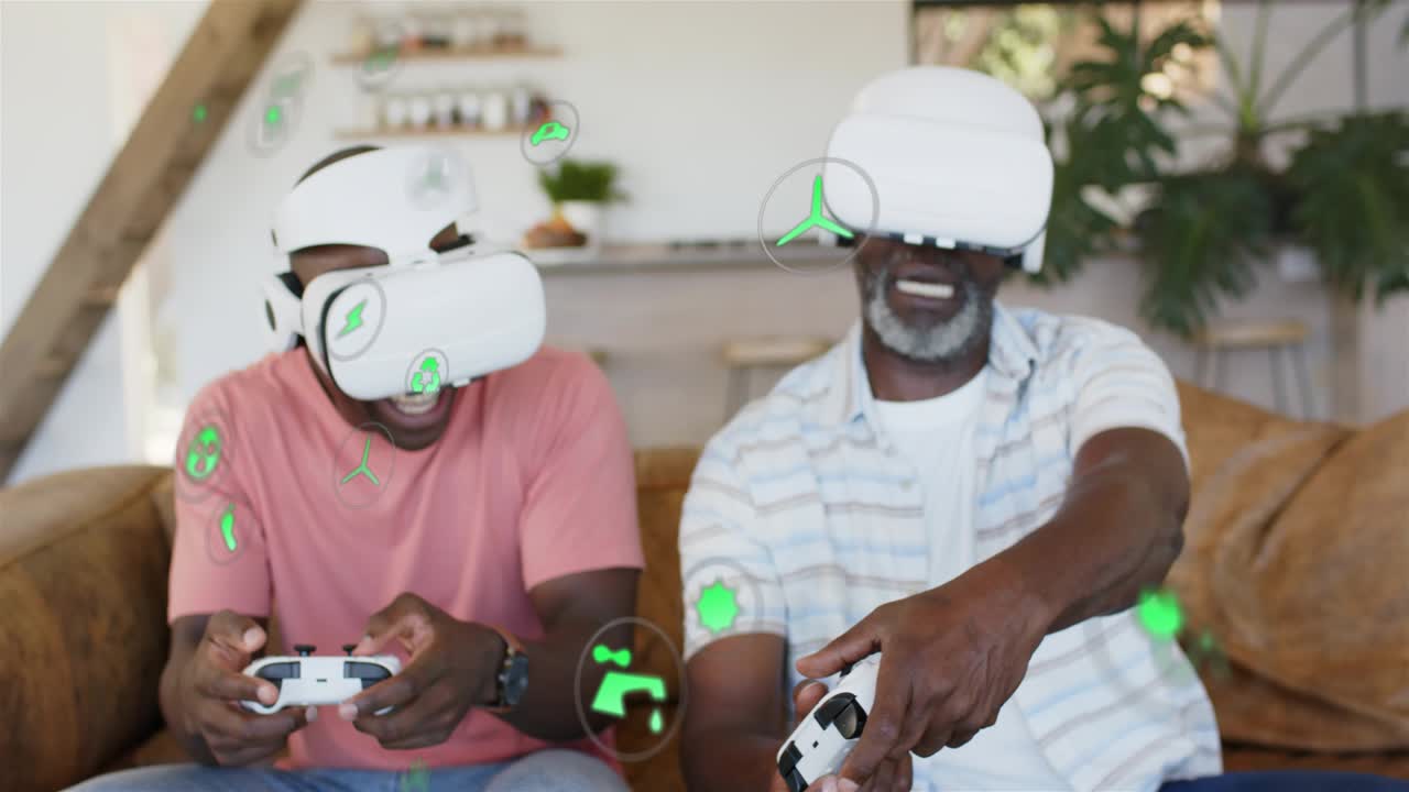 Father and adult son pressing controllers, playing VR game in home with green holograms appearing