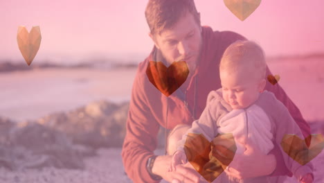 animation of heart icons over caucasian father with child at beach