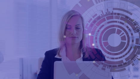 animation of scope and data processing over caucasian businesswoman using laptop