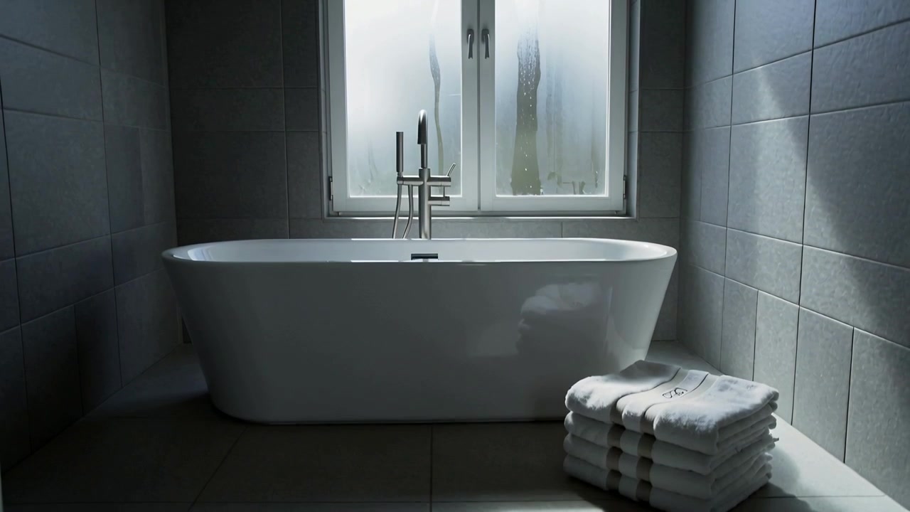 Increasing natural light through frosted bath window showing towels on ledge, tub reflecting faucet