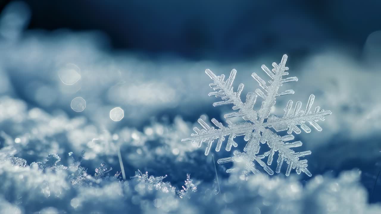 Delicate snowflake resting on pristine snow crystals, revealing intricate winter beauty with mesmerizing crystalline structure and soft white texture