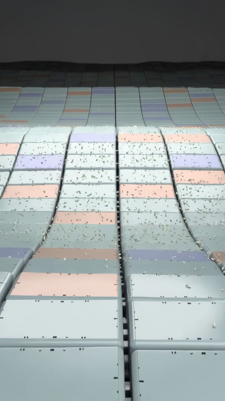 Vertical video: Showing panels with pastel bands curving over time at seam in plant, flecks falling