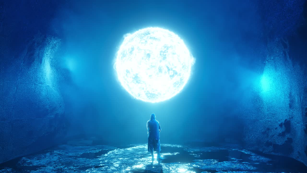 Futuristic traveler admiring burning planet. Sci-Fi scene, 3d animation