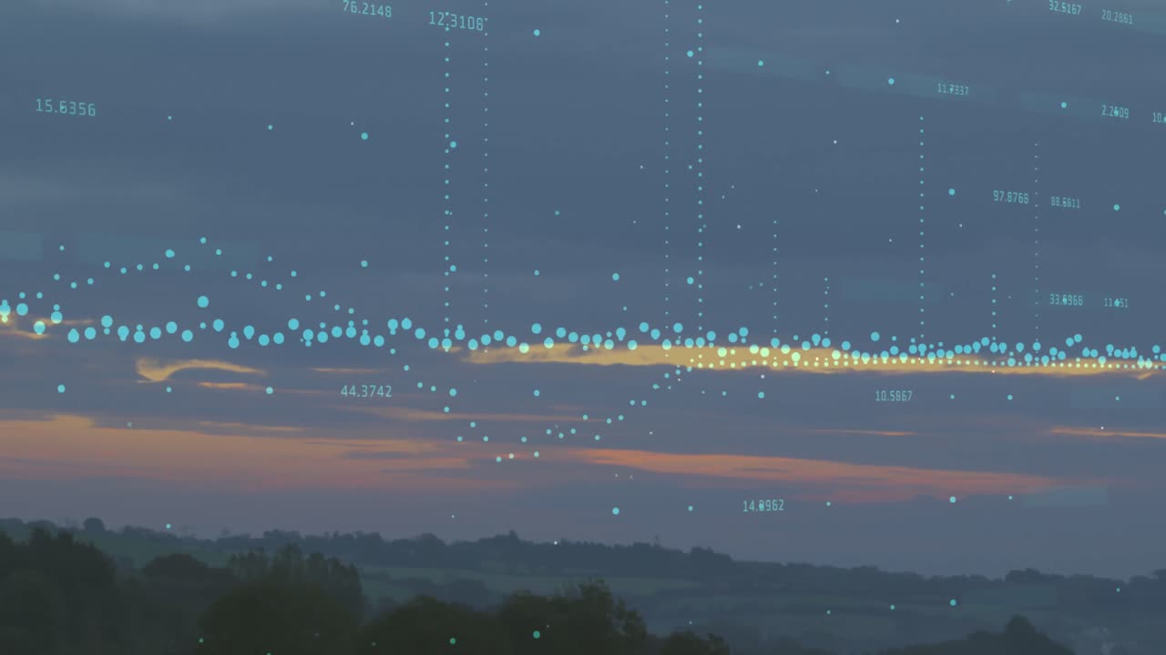 Animation of data processing over aerial view of sunset sky and forest