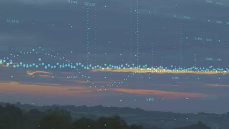 Animation-of-data-processing-over-aerial-view-of-sunset-sky-and-forest