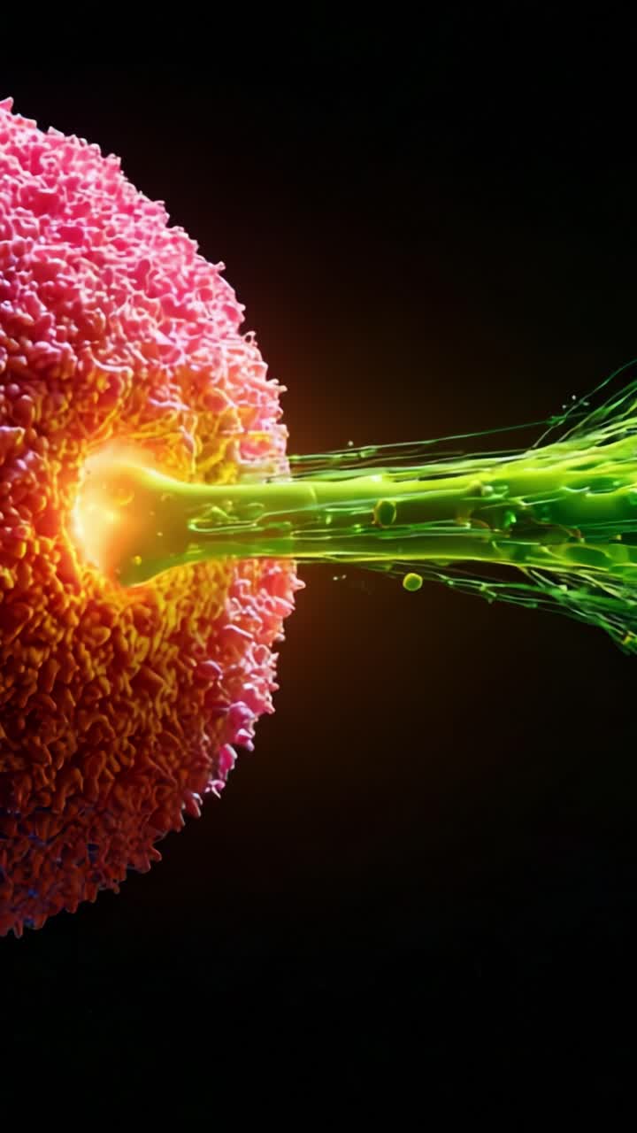 Interazione dinamica di strutture cellulari colorate in movimento con flusso di energia verde su sfondo scuro, che mette in mostra l'attività e la connessione cellulare