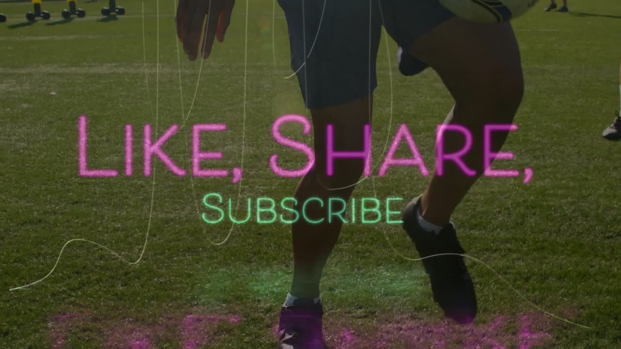 Playing soccer on grassy field, child watching animation with LIKE, SHARE, SUBSCRIBE