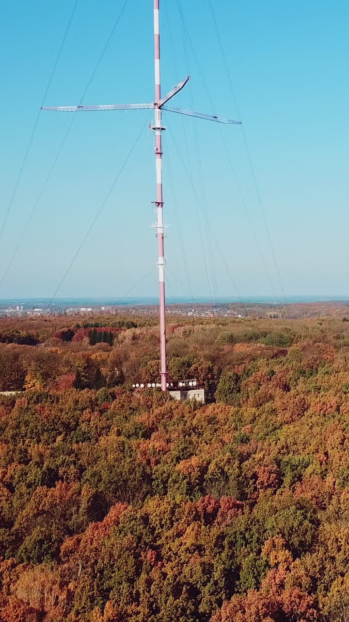 aerial view of the TV tower on the background of the forest. Camera motion up. Vertical video