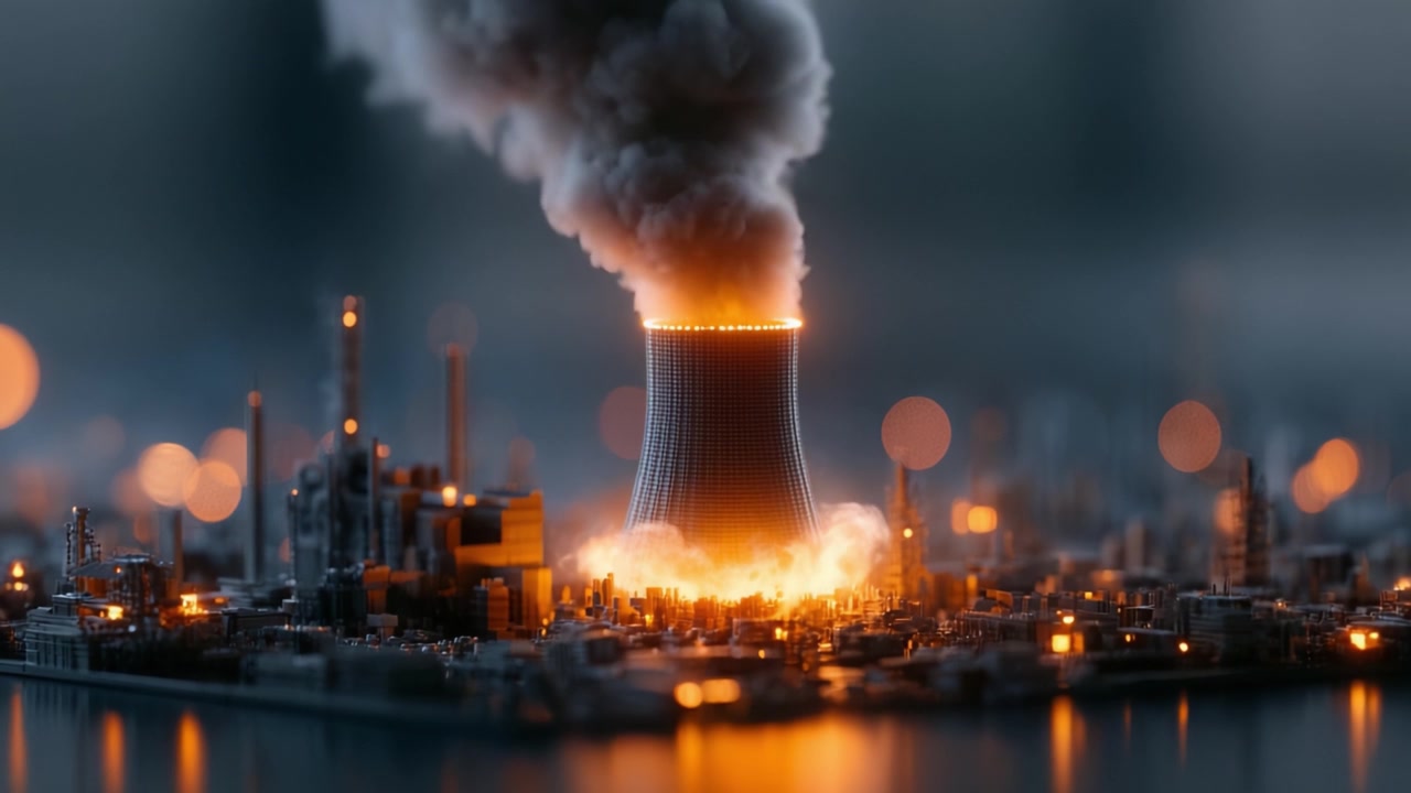 Scene drammatiche di una centrale elettrica che erutta fiamme e fumo, evidenziando i pericoli delle attività industriali e l'impatto sull'ambiente.