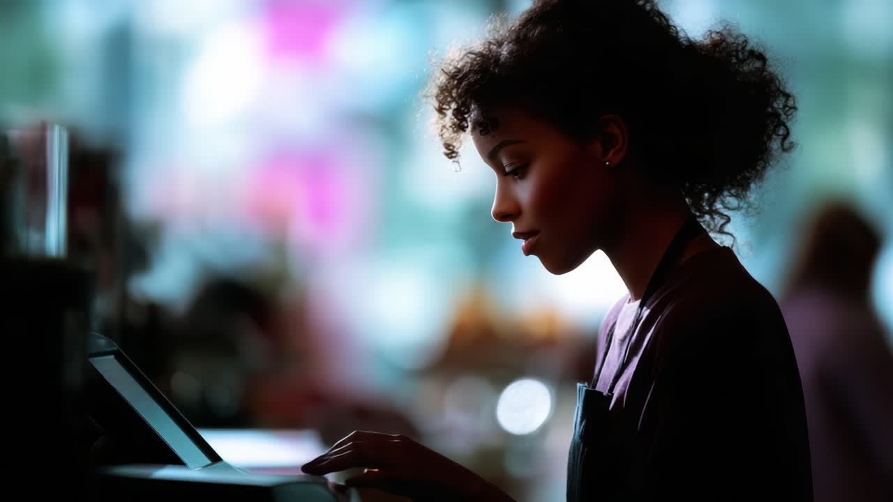 Young woman working at a counter, focused on the task at hand, creating an engaging atmosphere in a café setting filled with soft, colorful lighting