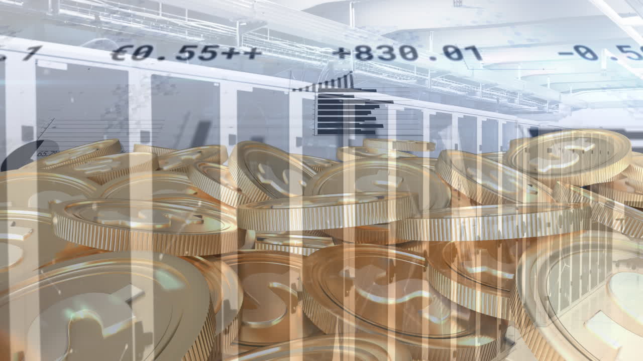 금 동전과 컴퓨터 서버를 통해 숫자 변화와 데이터 처리의 애니메이션