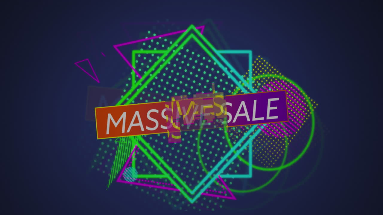 파란색 배경에 추상적인 모양 위에 거대한 판매 텍스트의 애니메이션