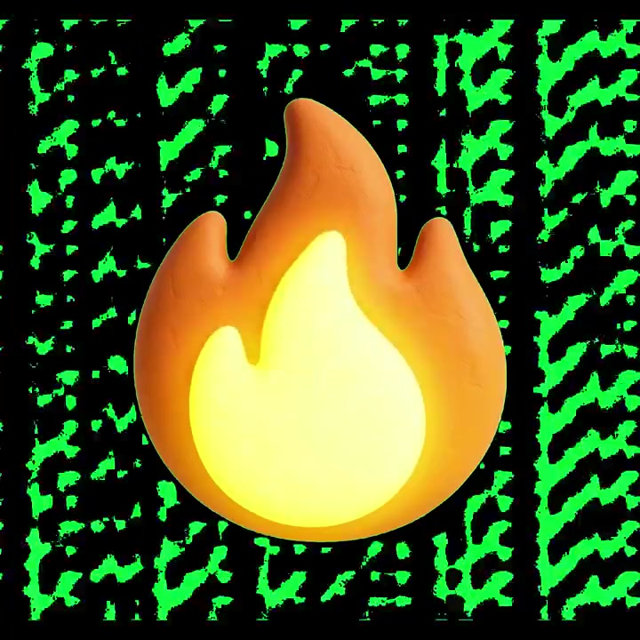 3D-animeret ild-emoji-ikon, der pulserer mod grøn glitch-baggrund