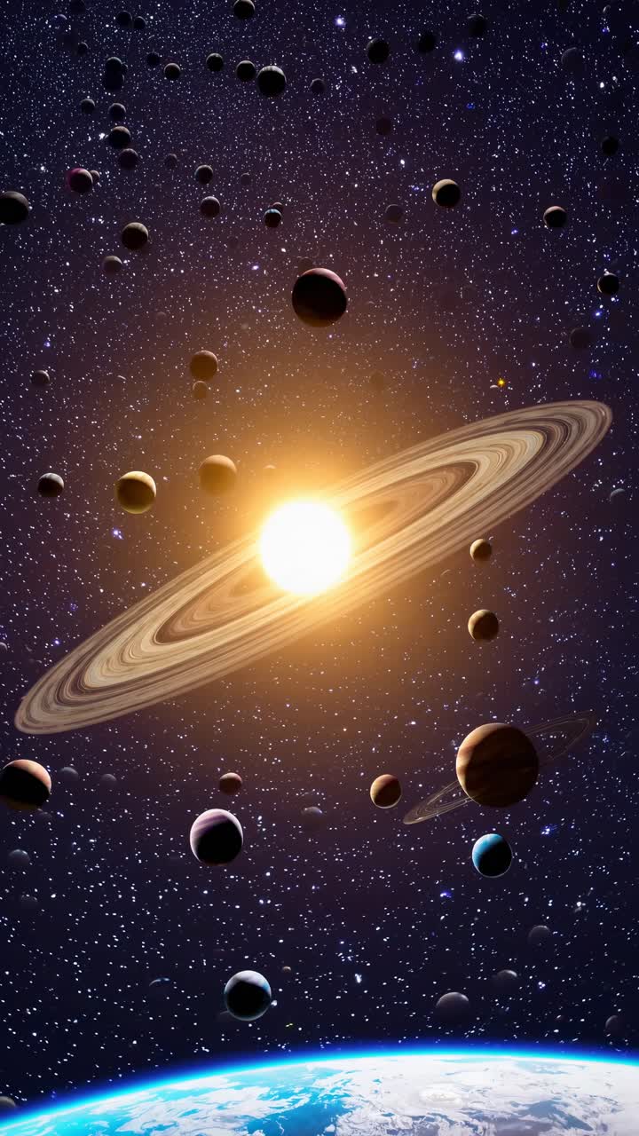 A cosmic video concept with a wide-angle view of a sun surrounded by rings and planets, set