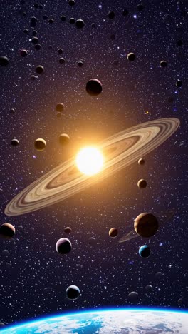 a cosmic video concept with a wide-angle view of a sun surrounded by rings and planets, set