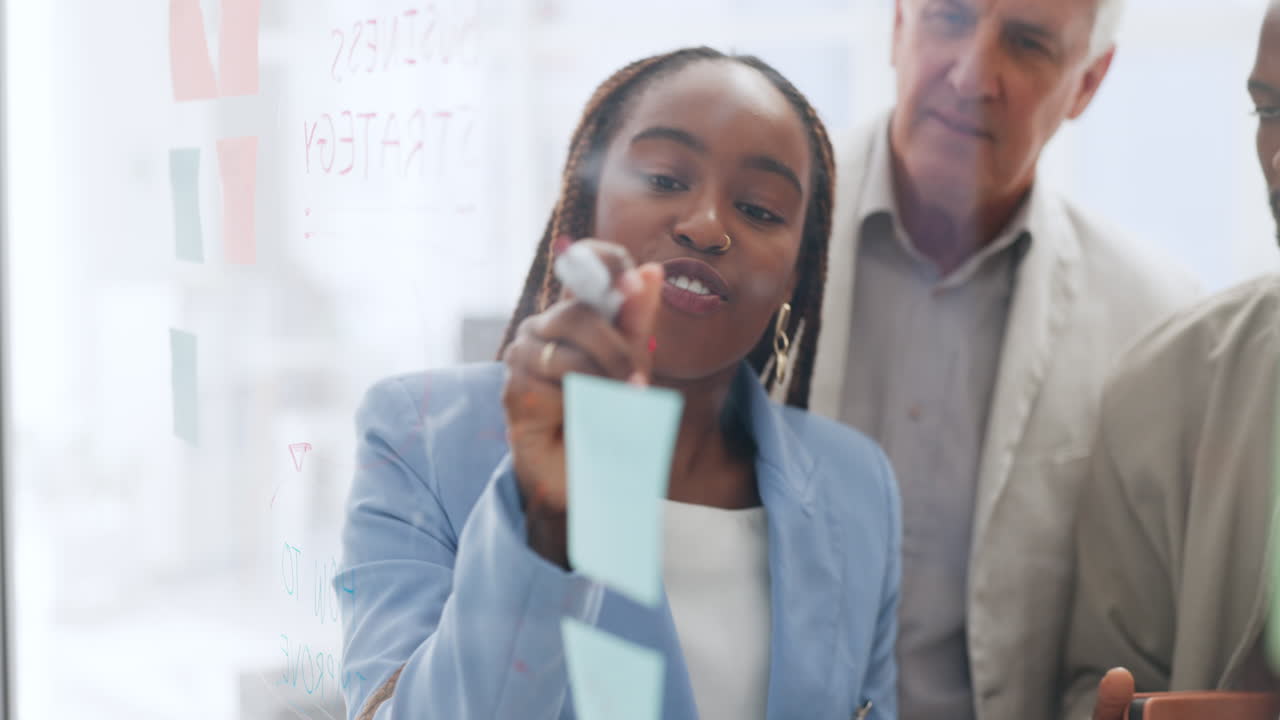 Black woman, leader and collaboration with sticky