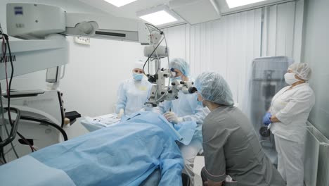 surgery team making strabismus surgery using modern technologies, latest devices, microscope in modern clinic