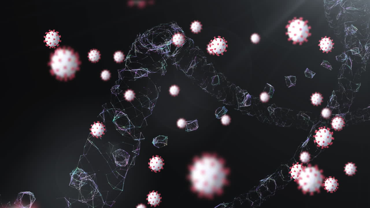 estructura del adn y células de covid-19 contra un fondo negro